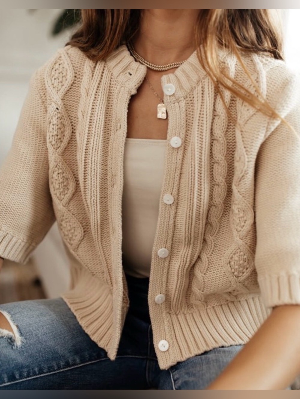 NWOT Böhme Everly Cropped Cardigan Sweater Cable Knit Natural Beige Women's XS